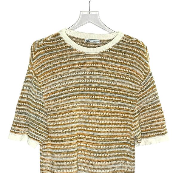 Zara SM Mens Striped Knit Short Sleeve Shirt Crew Neck Neutral Tones - Picture 5 of 11